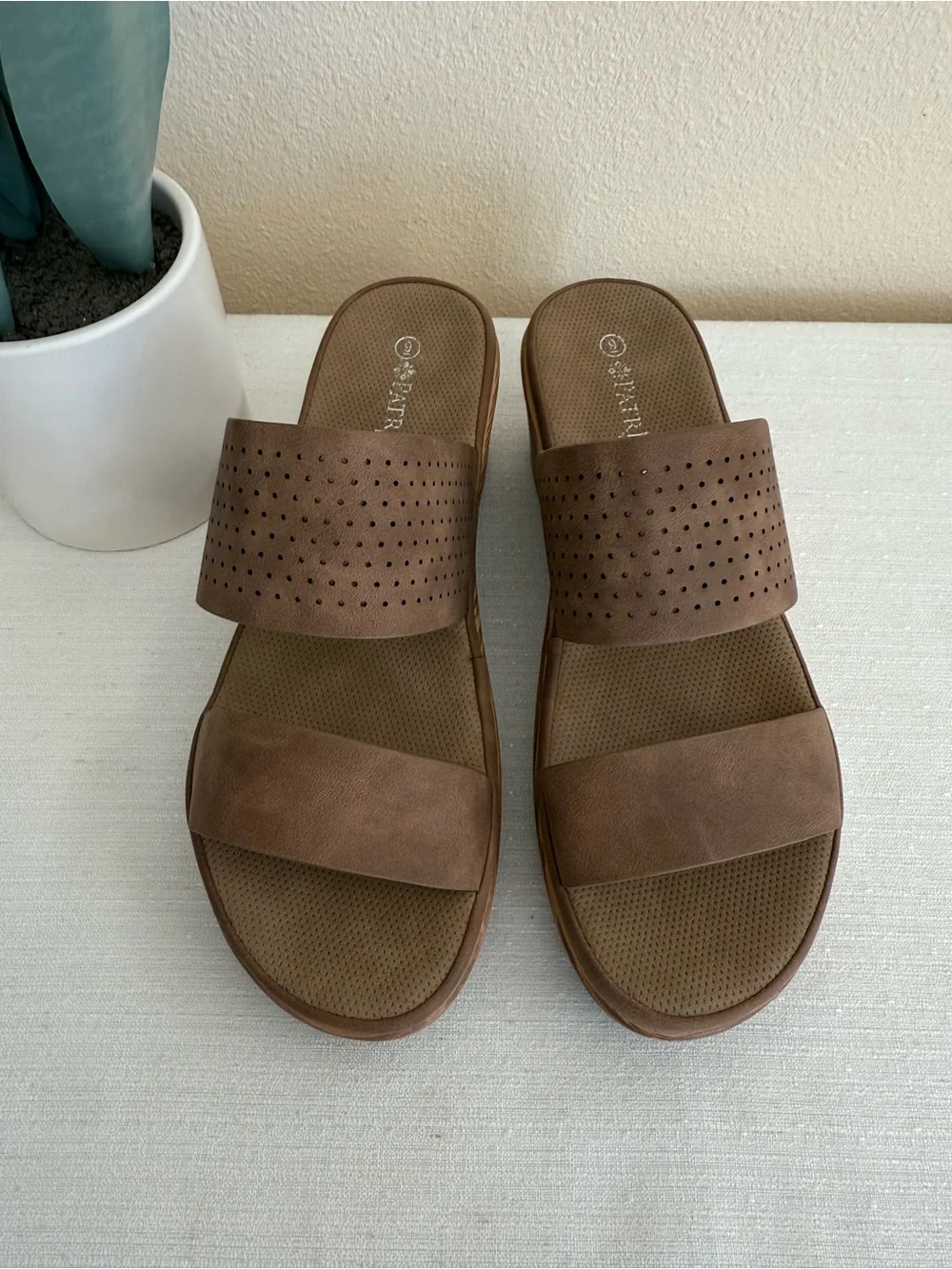 New Patrizia Brown Perforated Wedge Slide Sandals - Casual Platform Comfort